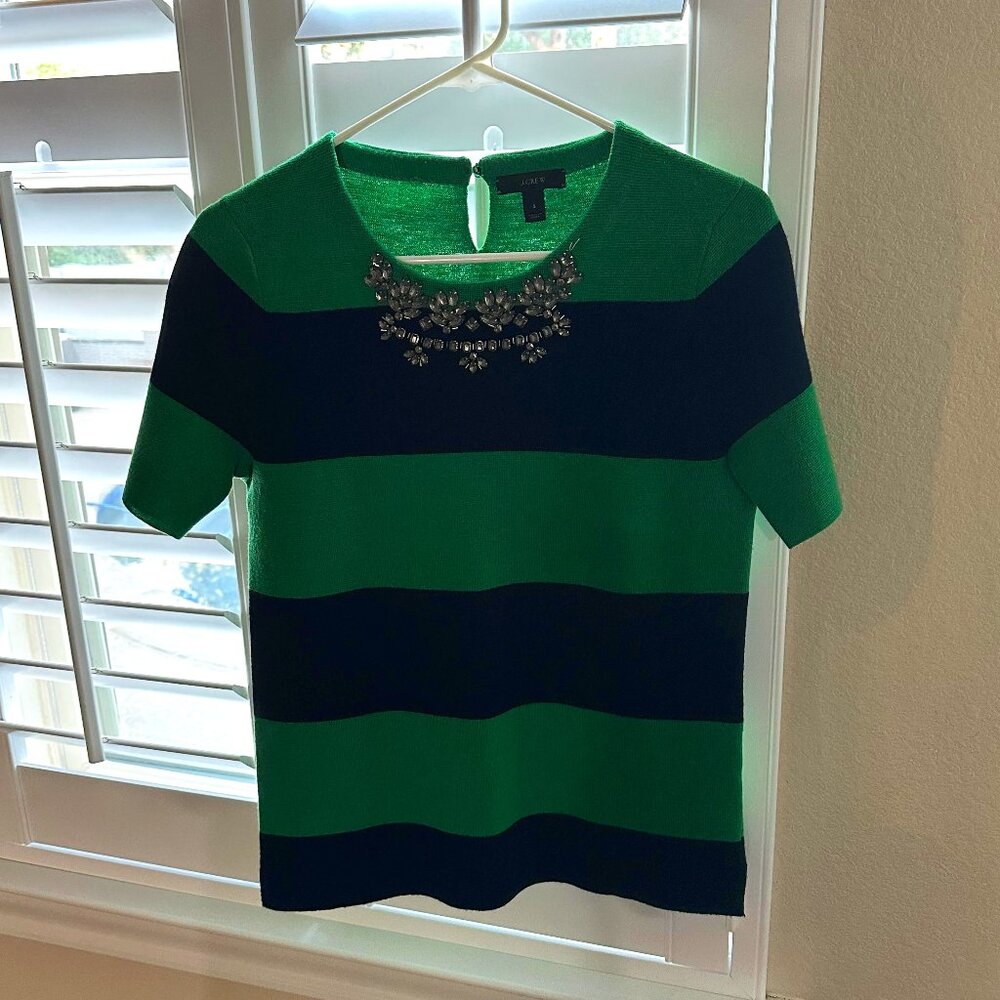 J.Crew Merino Wool Navy Blue Green Embellished Jeweled Sweater